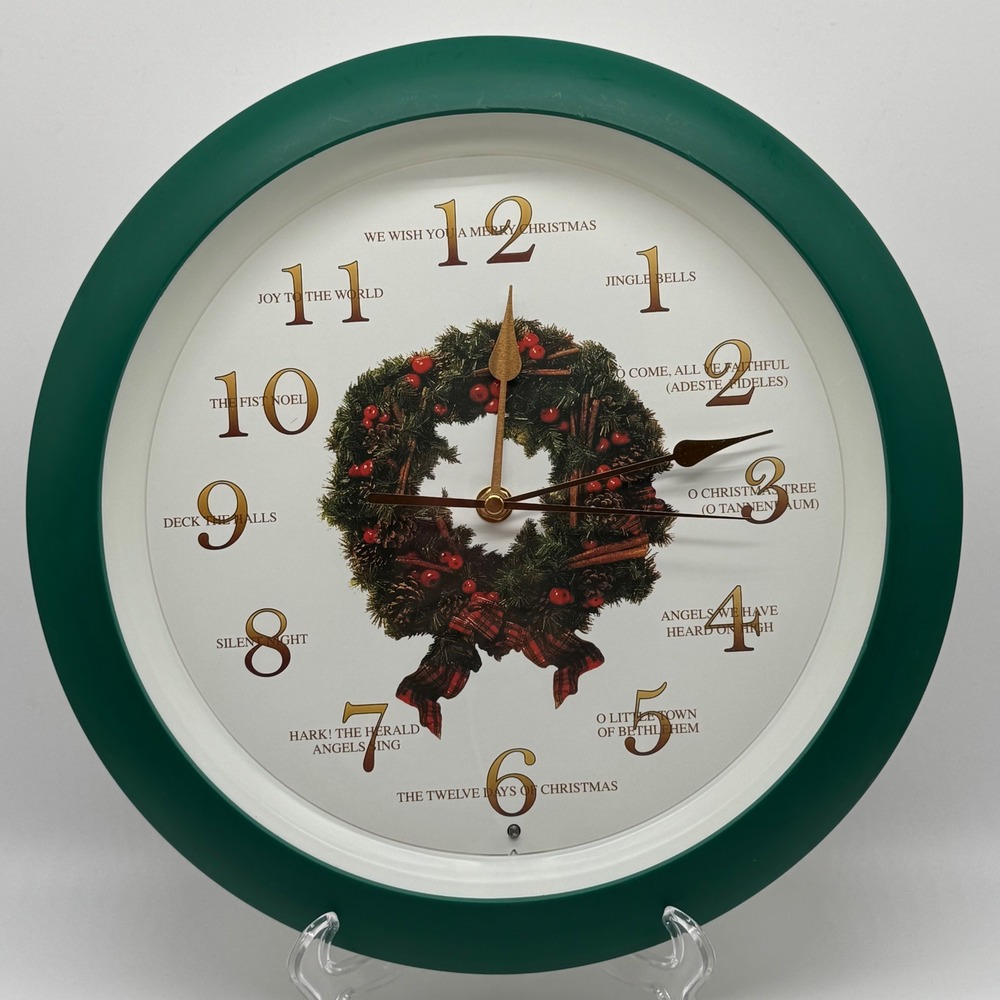 Vintage Mark Feldstein Christmas Wreath Musical Caroling Wall Clock 13.5" Works
